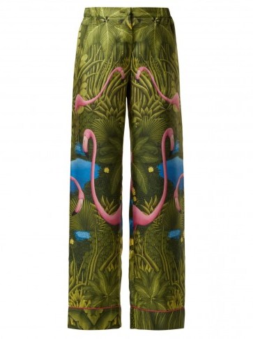 F.R.S – FOR RESTLESS SLEEPERS Etere green flamingo-print silk trousers ~ luxe pyjama style clothing ~ sleepwear fashion - flipped