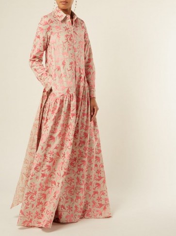 OSMAN Evaline embroidered pink linen dress ~ long dropped waist dresses ~ luxurious & feminine - flipped
