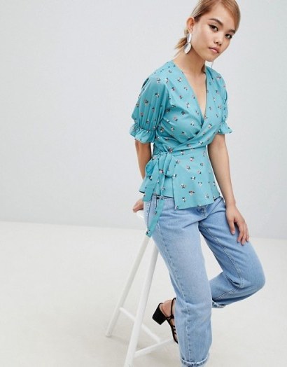 Fashion Union Petite Wrap Top In Ditsy Floral Teal – blue floral vintage style blouse - flipped