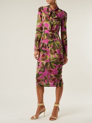 DOLCE & GABBANA Fig-print silk-georgette midi dress ~ pink and green prints ~ beautiful Italian clothing - flipped