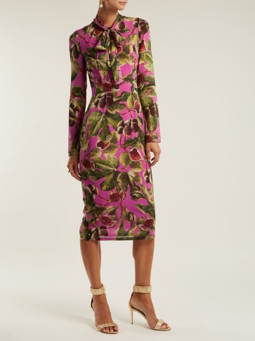 DOLCE & GABBANA Fig-print silk-georgette midi dress ~ pink and green prints ~ beautiful Italian clothing
