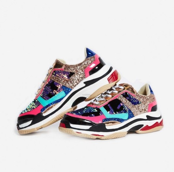 ego Flagship Chunky Trainer In Multi Colour – sports luxe – glittering colourblock sneakers - flipped