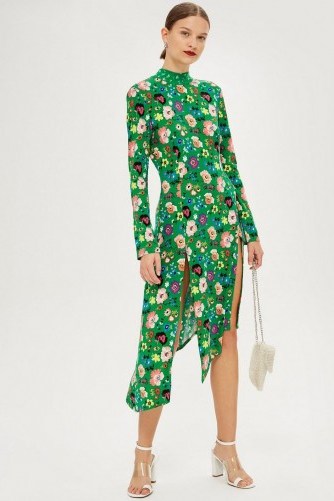 TOPSHOP Floral Chuck On Midi Dress Green – high neck, long sleeves, asymmetric hemline and front slits…perfect! - flipped