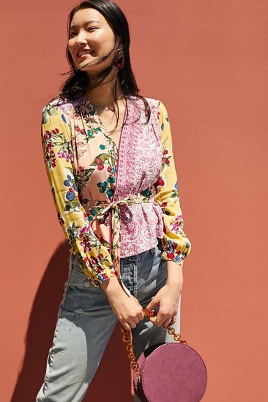 Meadow Rue Floral Patchwork Wrap Blouse Pink ~ mixed prints - flipped