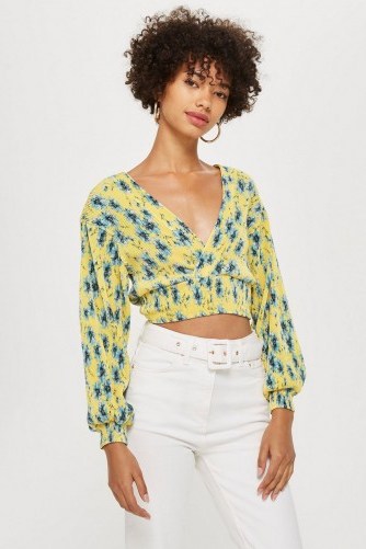 Topshop Floral Plisse Wrap Top in Yellow | summer style crop - flipped