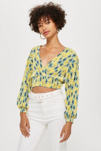 Topshop Floral Plisse Wrap Top in Yellow | summer style crop