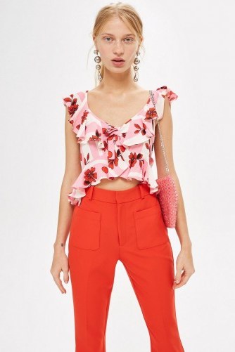 Topshop Floral Print Cropped Top | pink ruffled crop - flipped