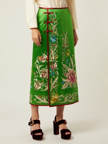 GUCCI Floral-embroidered green silk-satin skirt ~ beautiful luxe clothing - flipped