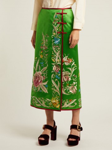 GUCCI Floral-embroidered green silk-satin skirt ~ beautiful luxe clothing