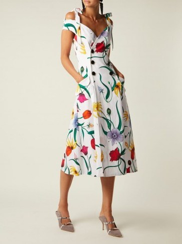 CAROLINA HERRERA Floral-print cotton-blend faille dress ~ cold shoulder summer clothing - flipped