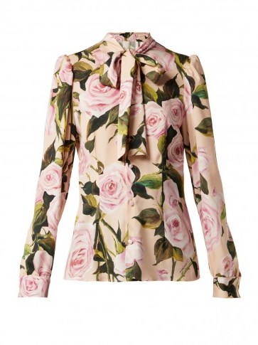 DOLCE & GABBANA Pink rose print silk-charmeuse pussy-bow blouse ~ beautiful Italian clothing - flipped