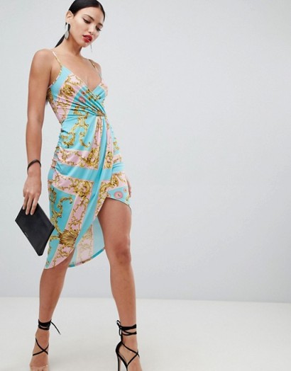 Flounce London plunge front cami dress in scarf print | glamorous strappy going out fashion