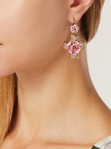 DOLCE & GABBANA Pink Flower and crystal-embellished cross earrings ~ beautiful Italian statement jewellery ~ floral crosses - flipped