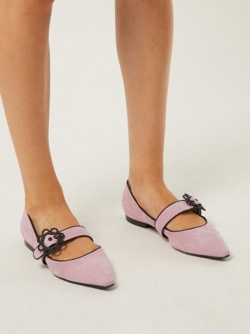 FABRIZIO VITI Flower-buckle suede flats ~ lavender-pink Mary Janes - flipped