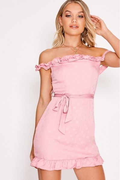 IN THE STYLE FUJI PINK POLKA DOT BARDOT TIE WAIST DRESS ~ off the shoulder - flipped