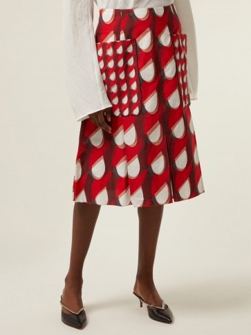 BOTTEGA VENETA Geometric-print cotton and linen-blend midi skirt ~ red vintage style clothing ~ bold prints - flipped
