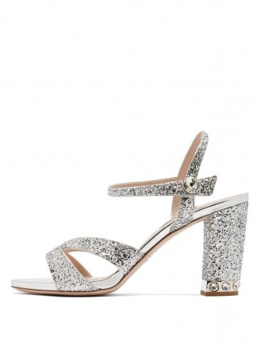 MIU MIU Glitter-embellished open-toe leather sandals ~ strappy silver party shoes - flipped