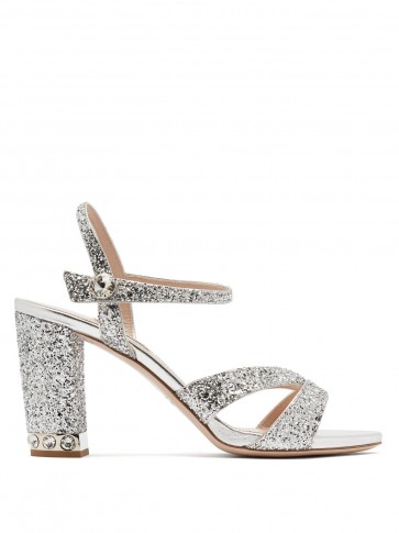 MIU MIU Glitter-embellished open-toe leather sandals ~ strappy silver party shoes
