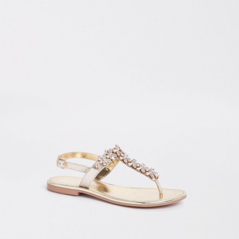 River Island Gold gem embellished leather sandals | jewelled metallic summer flats - flipped