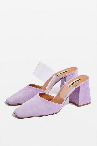 TOPSHOP Goldie Clear Strap Mules Lilac – wide sheer straps – chunky heels