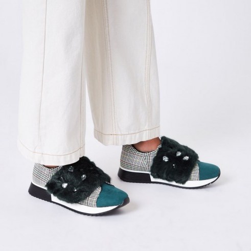 River Island Green faux fur jewel embellished trainers | fluffy sneakers - flipped