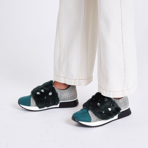 River Island Green faux fur jewel embellished trainers | fluffy sneakers