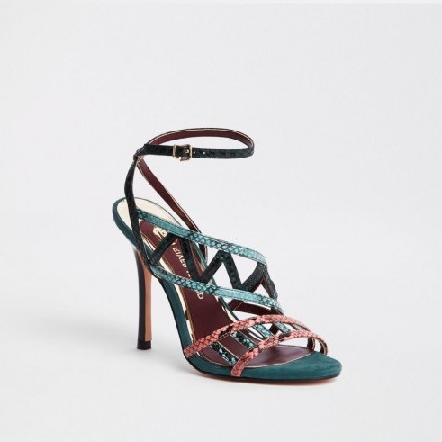 River Island Green snake embossed strappy sandals – high heeled ankle-strap party shoes - flipped