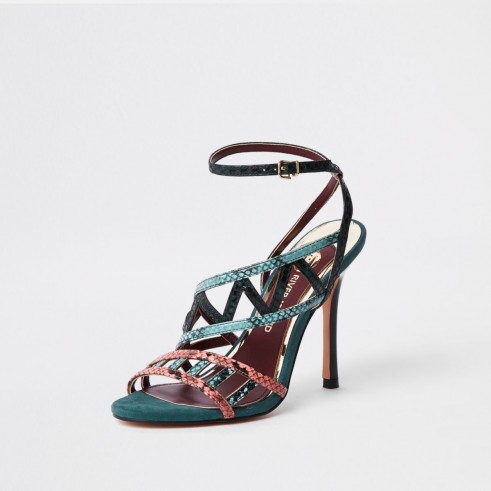 River Island Green snake embossed strappy sandals – high heeled ankle-strap party shoes