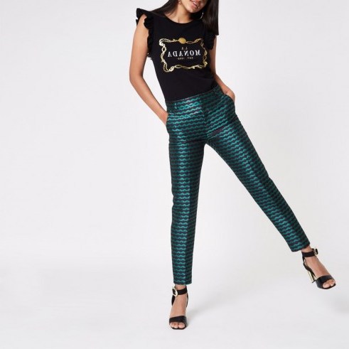 River Island Green stripe jacquard trousers | slim luxe style pants - flipped