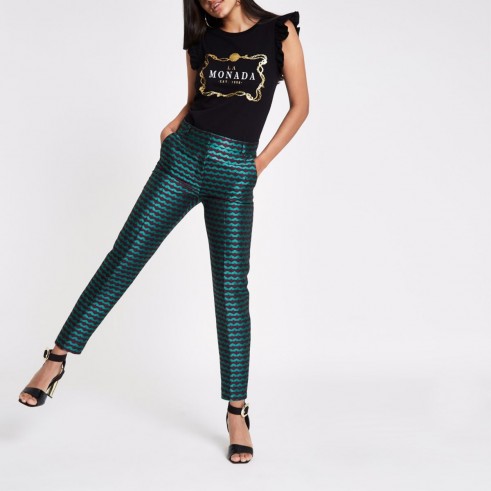 River Island Green stripe jacquard trousers | slim luxe style pants