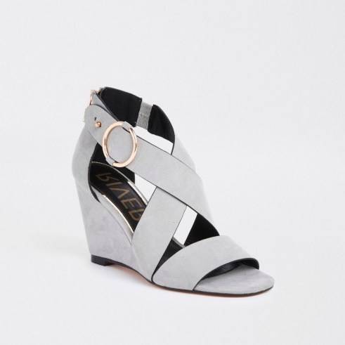 River Island Grey cross strap wedge sandals | chunky strappy wedges - flipped