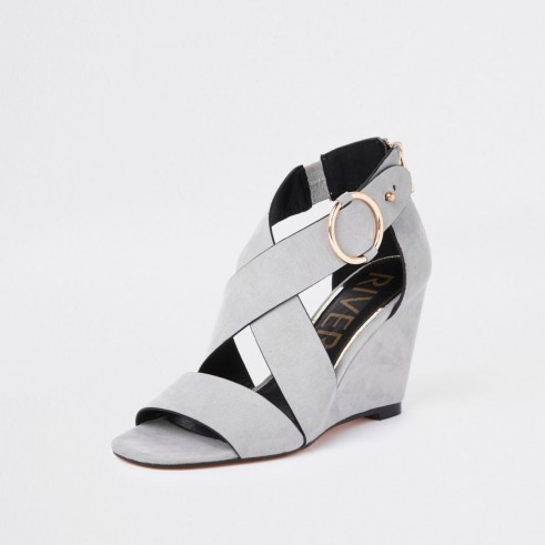 River Island Grey cross strap wedge sandals | chunky strappy wedges