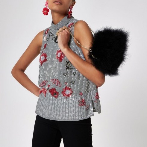 RIVER ISLAND Grey floral sequin embellished top – party glamour - flipped