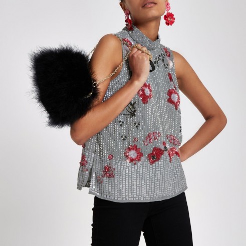 RIVER ISLAND Grey floral sequin embellished top – party glamour