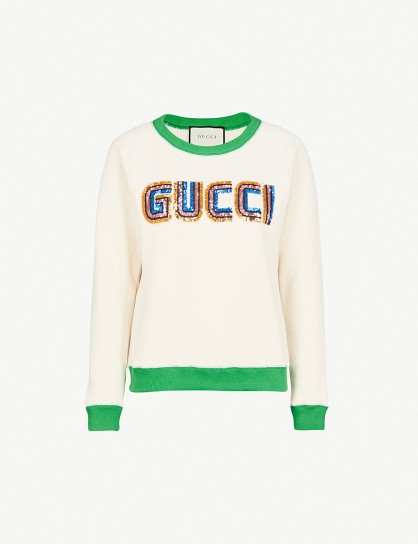 GUCCI Sequin-embellished cotton-jersey sweatshirt white / sequined logo top