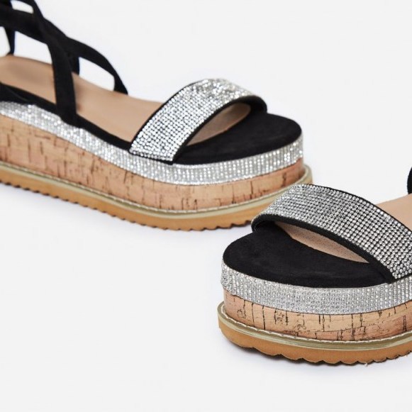 ego Haim Diamante Detail Espadrille Flatform In Black Faux Suede – luxe strappy summer sandals - flipped