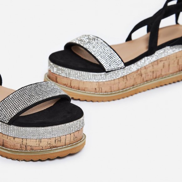 ego Haim Diamante Detail Espadrille Flatform In Black Faux Suede – luxe strappy summer sandals
