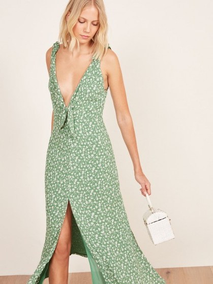 REFORMATION Harper Dress Daisies / green floral plunging dresses - flipped