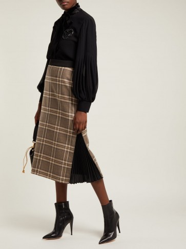FENDI High-rise checked wool side pleated midi skirt