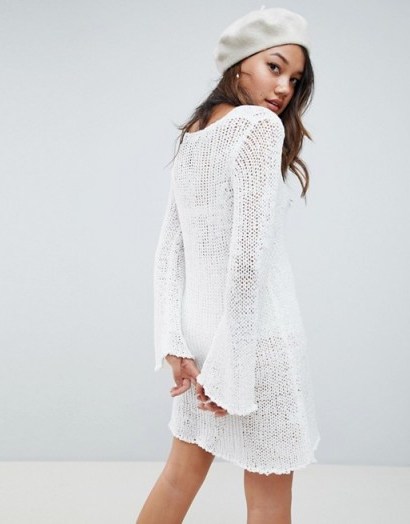 Honey Punch long sleeved open knit dress in White | sheer scooped neck sweater dresses - flipped