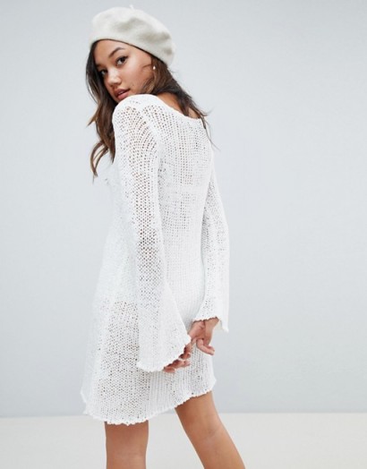 Honey Punch long sleeved open knit dress in White | sheer scooped neck sweater dresses