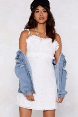 NASTY GAL In Over Your Thread Broderie Anglaise Dress in white | thin shoulder strap ruffle trim summer frock
