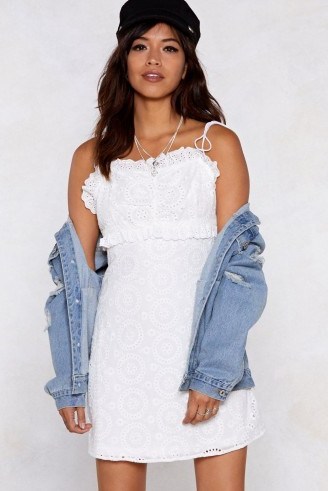 NASTY GAL In Over Your Thread Broderie Anglaise Dress in white | thin shoulder strap ruffle trim summer frock - flipped