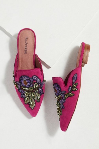 Jeffrey Campbell Embroidered-Backless Flats in Rose | pink pointy toe loafer - flipped