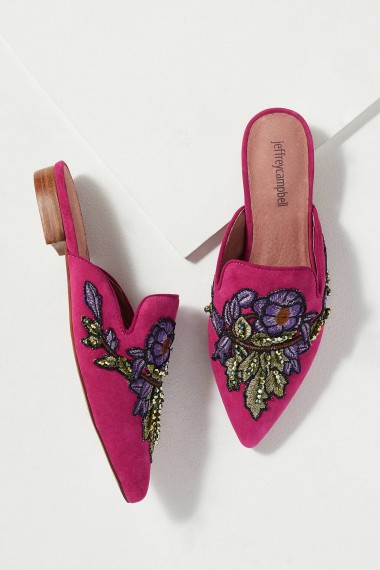 Jeffrey Campbell Embroidered-Backless Flats in Rose | pink pointy toe loafer