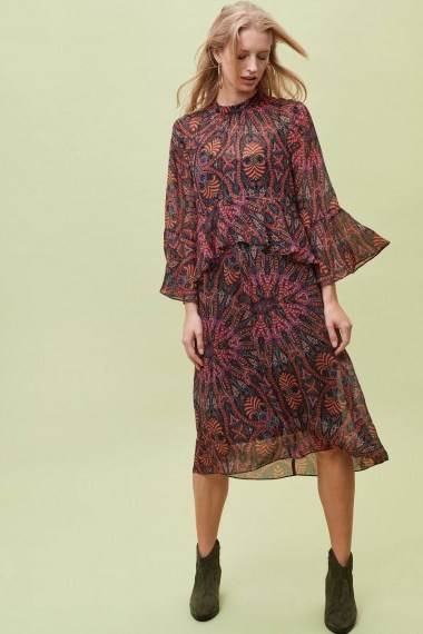 Kachel Berta Printed-Ruffled Midi Dress / flared sleeved fashion - flipped