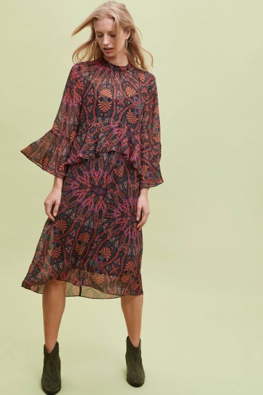 Kachel Berta Printed-Ruffled Midi Dress / flared sleeved fashion