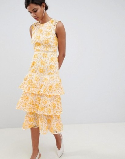 Keepsake lace midi dress yellow – tiered midi – summer occasion - flipped