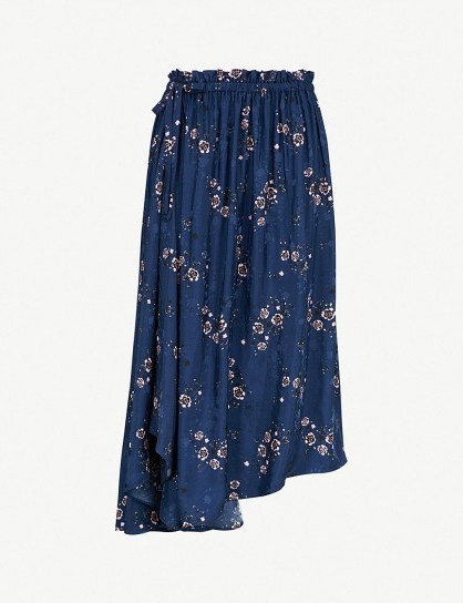 KENZO Floral-jacquard satin skirt navy / asymmetric hemline - flipped