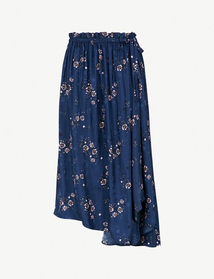 KENZO Floral-jacquard satin skirt navy / asymmetric hemline